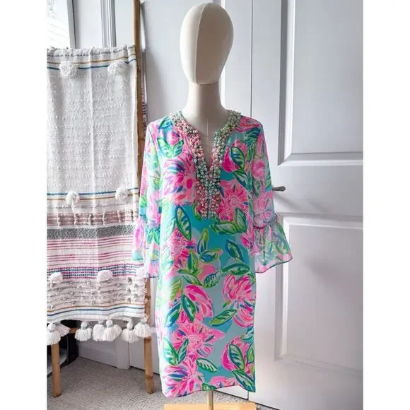 Lilly Pulitzer Elenora Multi Totally Blossom 100% Silk Embellished Dress Small - Picture 1 of 10